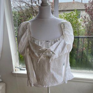 Reformation Haven Top in White Smocked Linen Peasant XS